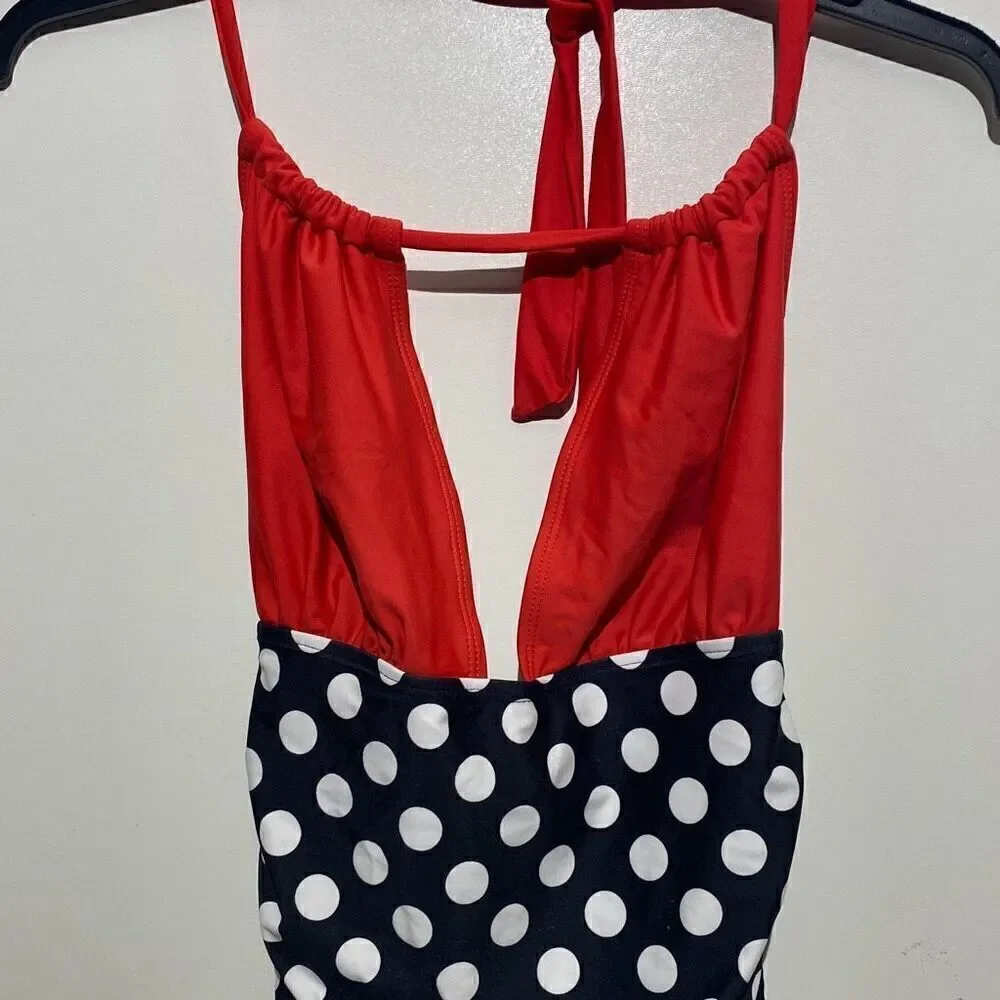 Eomenie Women's‎ Multicolor Solid Polka Dots Open Back Halter Swimsuit Size XL